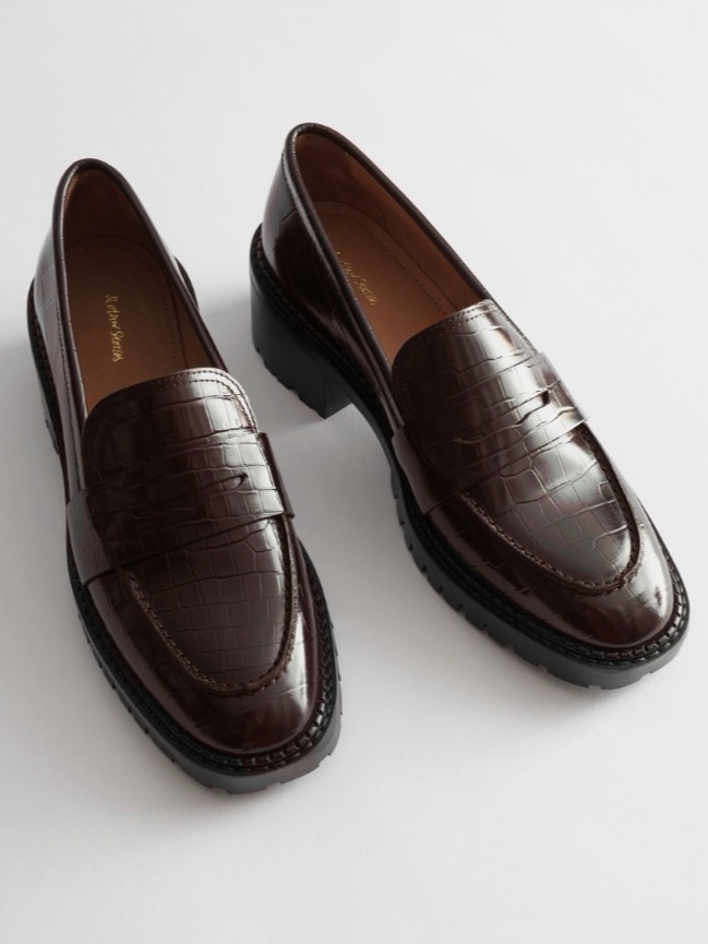 & Other Stories Croc Embossed Block Heel Loafers In Dark Brown Size 10.5